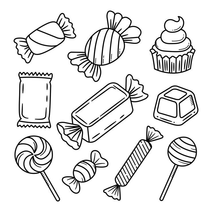 Set van handgetekende vectorillustraties van snoepdoodles