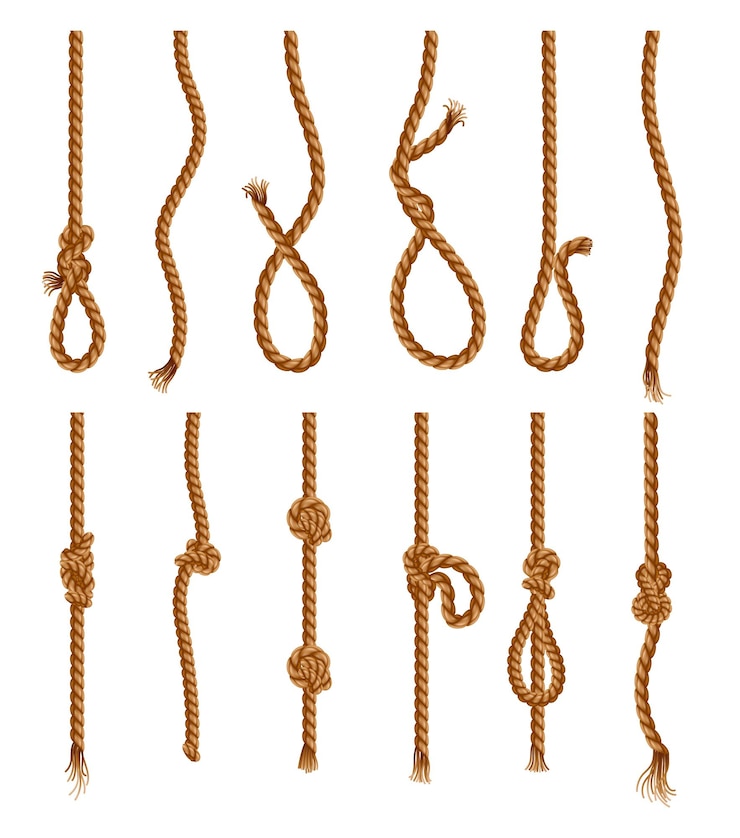 Vector set van hangtouwen met tassel en knoop van gebreide zeetraden of maritieme verticale vezels van textiel