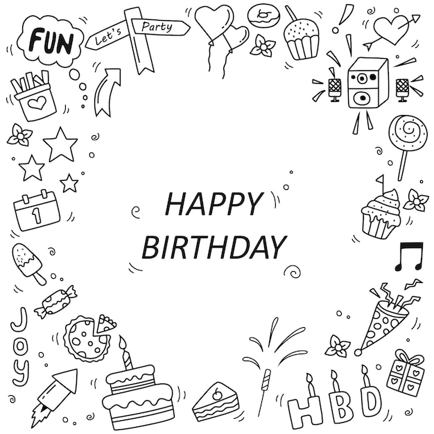 Set van Happy Birthday doodle elementen geïsoleerd op een witte achtergrond Vector illustratie