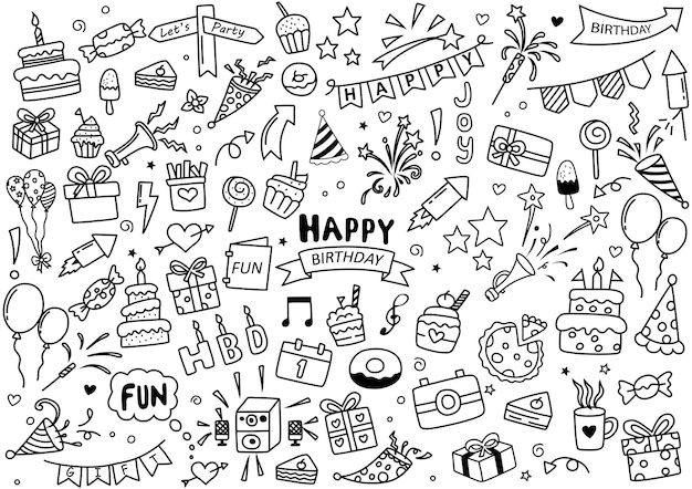 Set van happy birthday doodle elementen geïsoleerd op een witte achtergrond vector illustratie