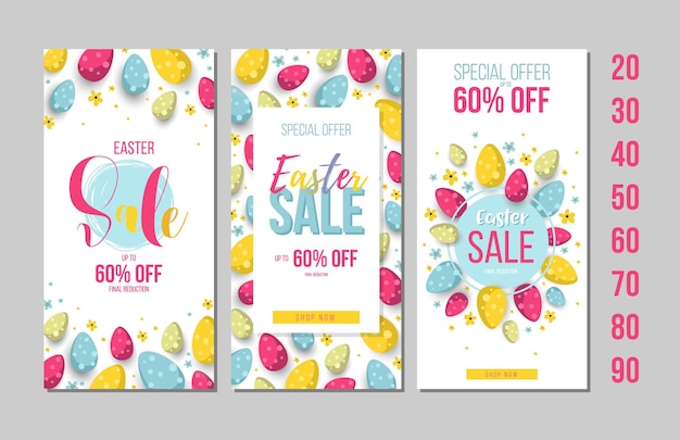 Vector set van happy easter achtergrond sjabloon met eieren happy easter grote jacht of verkoop banner belettering met kleurrijke eieren vector illustratie eps10