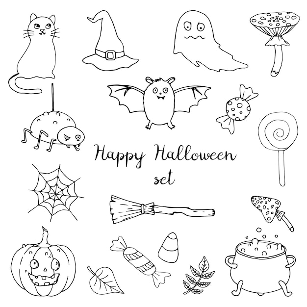 Set van Happy Halloween ontwerpelementen Kat hoed vliegenzwam ketel van drankje vleermuis snoep bezem pompoen