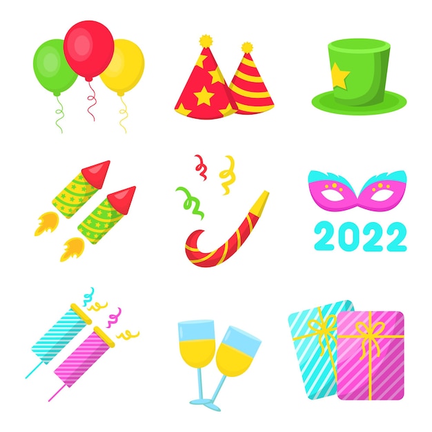 Vector set van happy new year party iconen geïsoleerd op een witte achtergrond