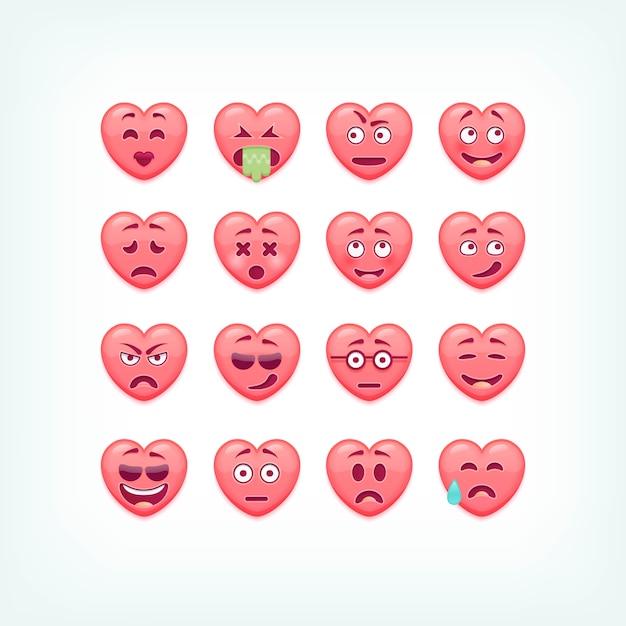 Set van hartvorm emoticons. romantische en valentines smileys, emoji's.