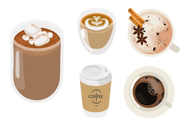 Set van heerlijke koffie en cacao dranken in cartoon stijl Vector illustratie van bekers glazen met warme dranken koffie en coco met marshmallow kaneel kardemom hart schuim