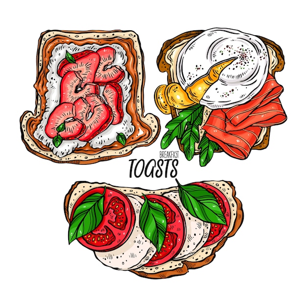 Vector set van heerlijke ontbijt toast met verschillende ingrediënten. hand getekende illustratie