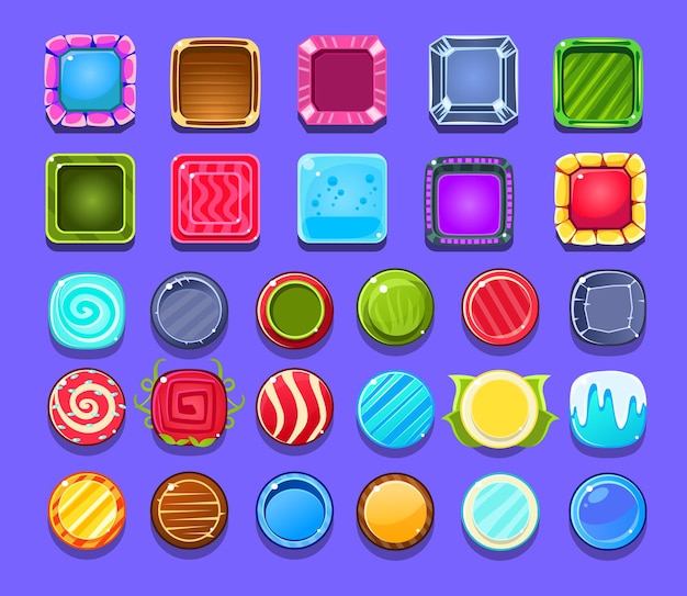 Set van heldere en glanzende mobiele of computerspelmiddelen Kleurrijke cirkels en vierkanten met verschillende patronen Grafische elementen voor gaming-interface Cartoon vector design geïsoleerd op blauwe achtergrond