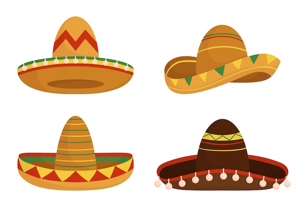 Vector set van heldere mexicaanse sombrero hoeden geïsoleerd op een witte achtergrond perfect voor culturele en folkloristische thema's