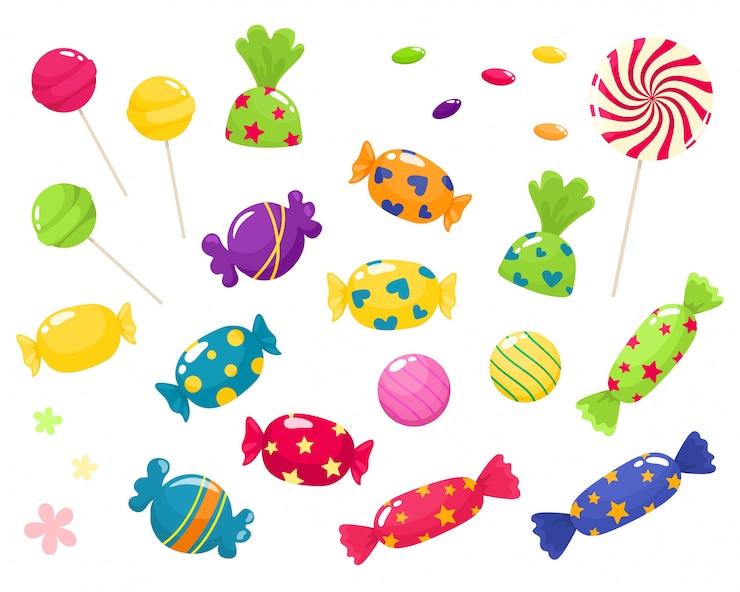 Vector set van heldere snoepjes. isoleert in cartoon-stijl op een witte achtergrond.