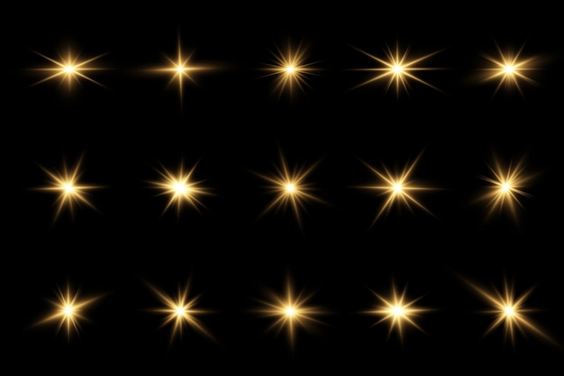 Set van heldere ster. geel gloeiend licht ontploft op een transparante achtergrond. transparante stralende zon, heldere flits. sprankelende magische stofdeeltjes. schittert.