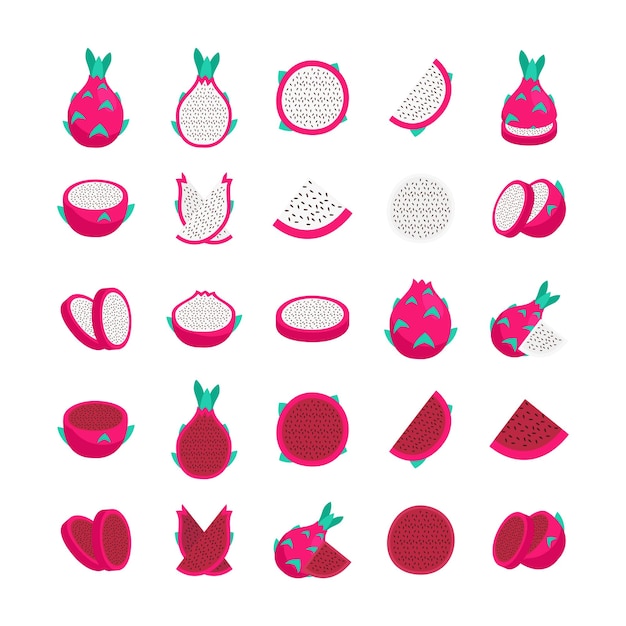 Set van hele en verse rijpe dragonfruit met platte blad illustratie geïsoleerd