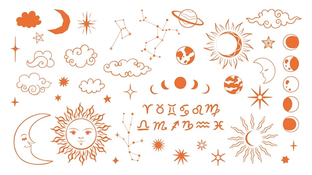 Set van hemellichamen wolken astrologische symbolen isoleren op witte achtergrond Vector graphics