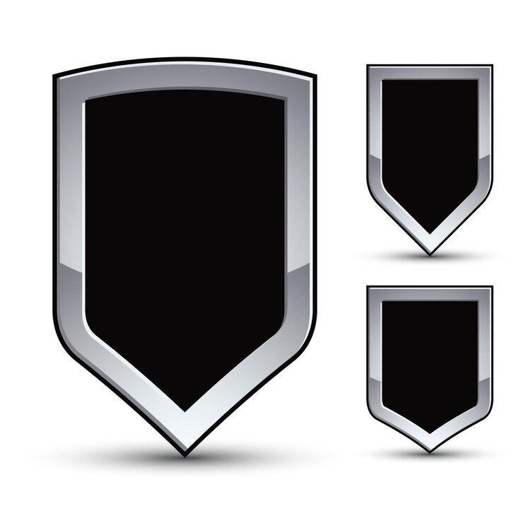 Vector set van heraldische vector zwarte embleem met zilveren omtrek, drie 3d-conceptuele verdediging geometrische badges geïsoleerd op een witte achtergrond. eps8 zilveren blazoenen geïsoleerd op een witte achtergrond. dimensionale inrichting