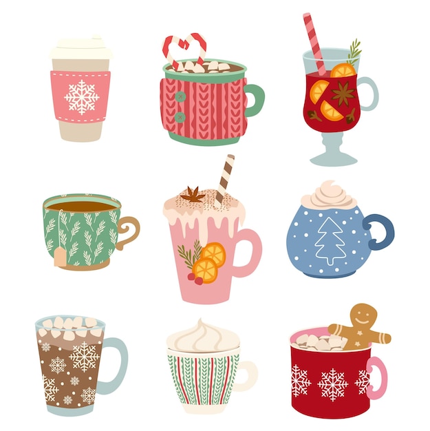 Set van herfst- en winterdranken Vector Platte illustratie Met de hand getekende beker met cappuccino koffie heet