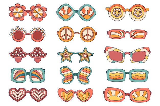 Set van hippe zonnebrillen collectie van stijlvolle brillen met trendy vormen van hart amanita ster of vlinder