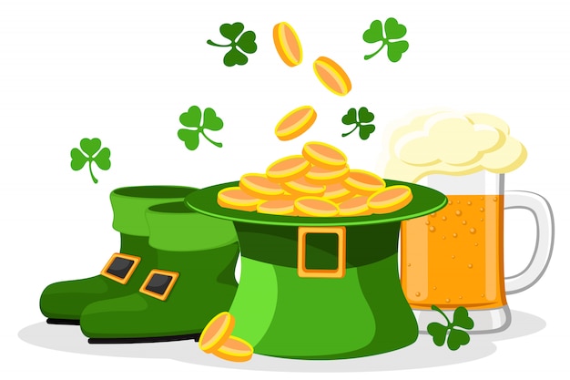set van hoed met geld, bier en detail hakken laarzen op een wit. fijne St Patrick's Day