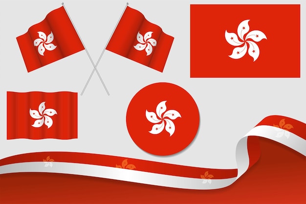 Set van hong kong vlaggen in verschillende ontwerpen pictogram Flaying vlaggen met lint met achtergrond