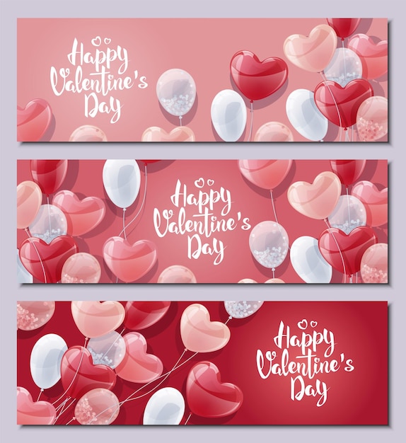 Set van horizontale banners met ballonnen ontwerp voor valentijnsdag en moederdag achtergrond poster met vliegende heliumballonnen in de vorm van harten