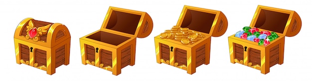 Set van houten gouden kisten met munten en diamanten voor de game ui.