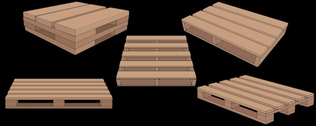 Set van houten pallet vectorillustratie op zwarte achtergrond Geïsoleerde isometrische houten container Isometrische vector houten pallet