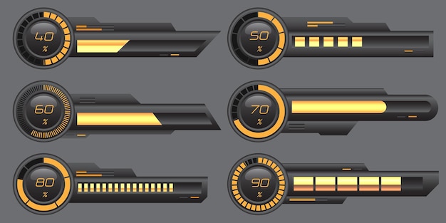 Set van HUD moderne loading progress bars gebruikersinterface elementen ontwerp technologie cyber geel zwart metaal futuristische vector