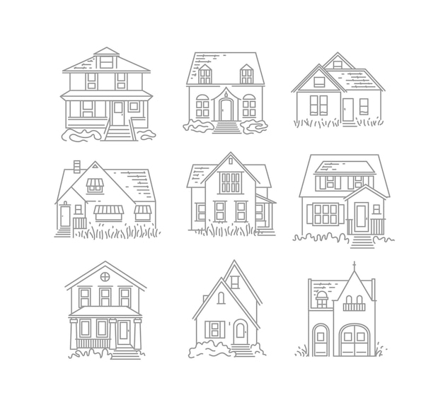 Set van huis verschillende vormen pictogrammen tekening in vlakke stijl op witte achtergrond