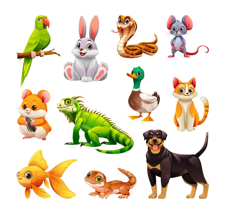 Vector set van huisdieren, waaronder papegaai konijn en hond vector cartoon illustratie