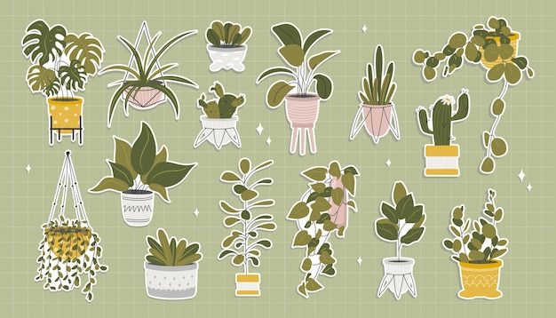 Vector set van huisplanten in potten collectie van huisbloemenplanten stickers