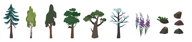 Set van iconen van bomen berken, eiken, sparren en hun silhouet. Groen en bruin natuursymbool. Platte vectorillustratie