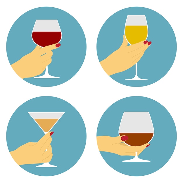 Set van iconen van menselijke hand met glas wijn, feest, viering concept