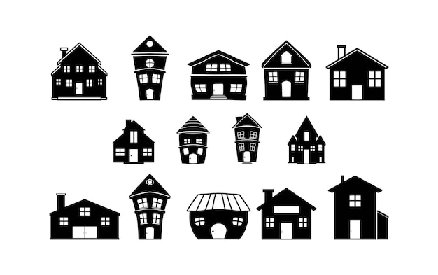 set van iconen van torens van appartement, kantoorgebouw en huis, silhouet stijlicoon vector