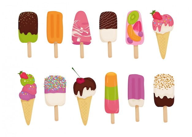 Vector set van ijs met chocolade, fruit, noten, pistachenoten, aardbeien, kersen, kiwi, sinaasappel. illustratie in cartoon-stijl