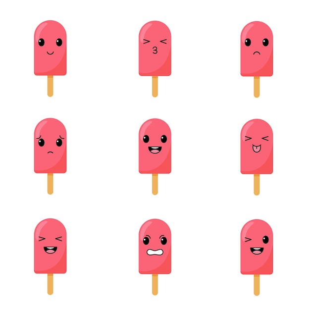 Set van ijsjes met kawaii emoties platte ontwerp vectorillustratie