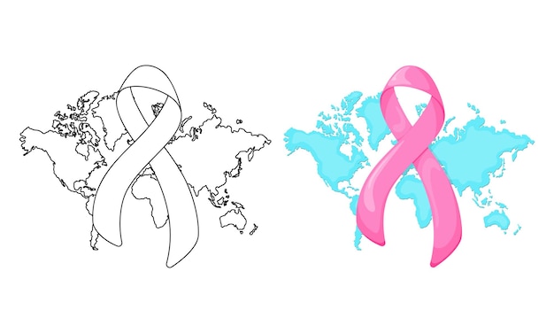 Vector set van illustraties pink ribbon op de wereldkaart geïsoleerd op een witte achtergrond in casual stijl