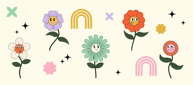 Vector set van illustraties van retro groovy hippie bloemknoppen met grappige cartoon gezichten geïsoleerd op een achtergrond