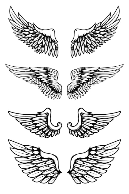 Vector set van illustraties van vleugels in tattoo-stijl geïsoleerd op een witte achtergrond. ontwerpelement voor logo, label, badge, teken. vector illustratie