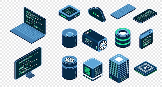 Set van isometrische computertechnologie Isometrische set serverapparatuur Technologie isometrische pictogrammen Digitale technologische items Isometrische technologie