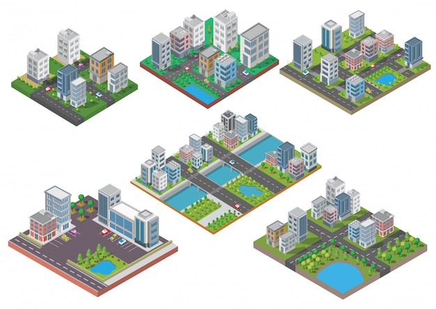 Set van isometrische stadsbouw