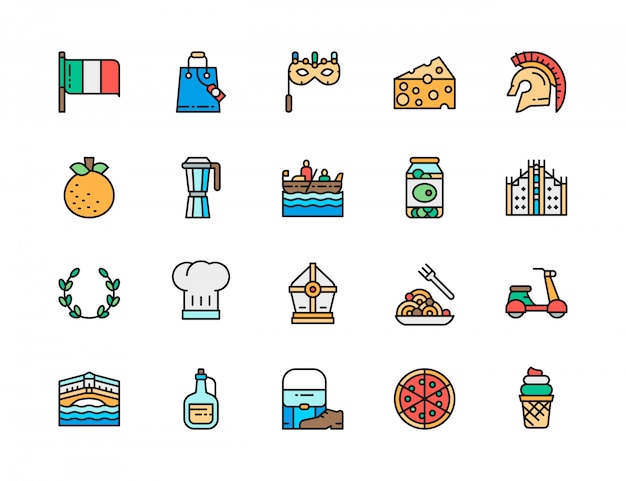 Set van Italiaanse cultuur platte kleur lijn iconen. Gondel, Pasta, Pizza