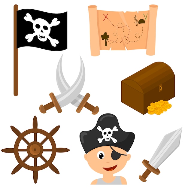 Set van items voor de piratenvlag bladen kist van goud kaart piratenhoed stuurwiel