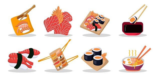 Set van japans eten geïsoleerd op een witte achtergrond grafisch ontwerp icon set voor reclame, vector illustration