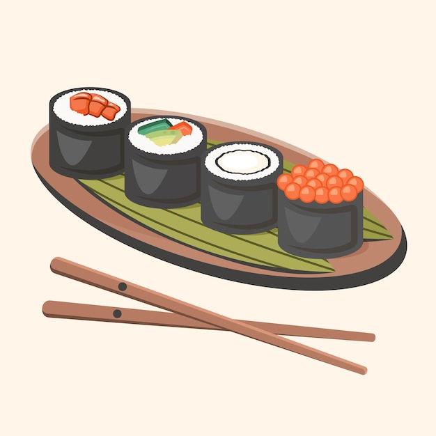 Set van Japanse broodjes met stokjes laat Aziatische schotel Traditioneel eten close-up met stokjes houten dienblad Vector