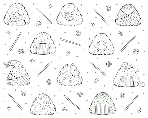 set van Japanse Onigiri rijst schattige tekening schets om in te kleuren