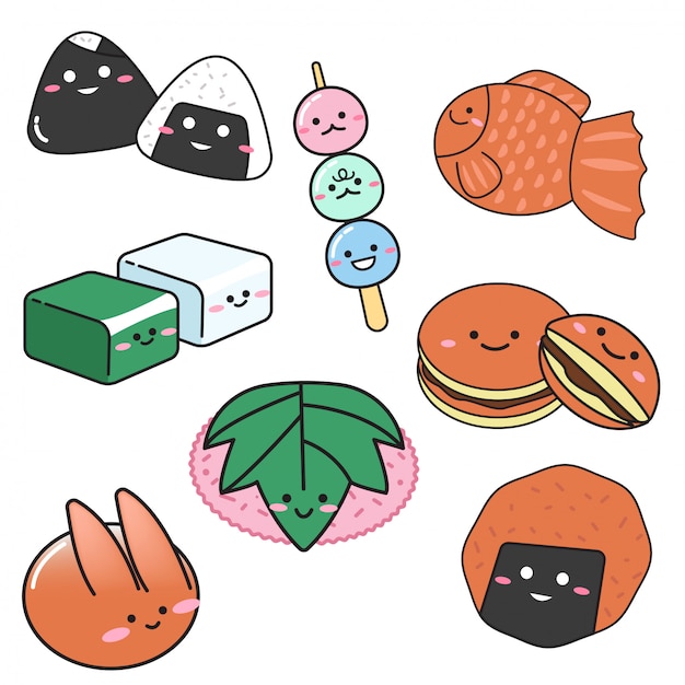 Vector set van japanse zoet dessert in doodle stijl