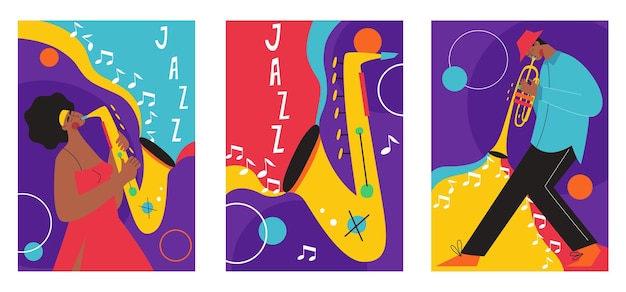 Set van jazz festival posters composities opgenomen saxofoon trombone klarinet viool contrabas piano trompet basdrum en banjo gitaar