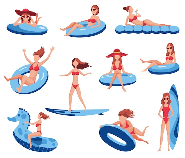 Set van jonge dames drijven op luchtbed Leuke vrouwelijke personages met hoed en bril Jonge dames zwemmen op opblaasbare ring Zomer platte cartoon illustratie