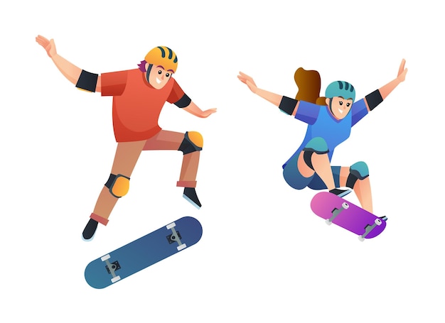 Set van jonge jongen en meisje skateboarden in springen pose illustratie