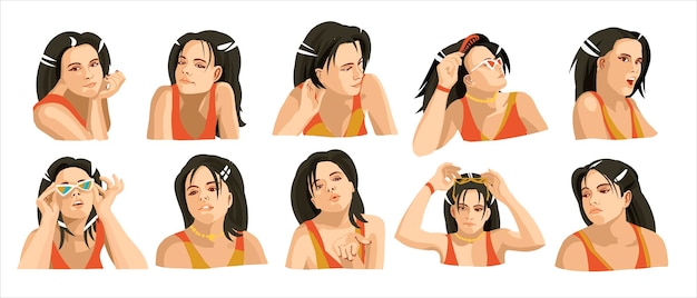 Set van jonge vrouwelijke pictogram met emoties in cartoon stijl Brunette meisje avatar profiel met gezichtsuitdrukking tekens portretten in felle kleuren geïsoleerde vectorillustratie in plat ontwerp