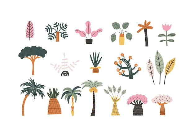 Vector set van jungle tropische planten bomen bloemen tekening in handgetekende stijl vector illustratie geïsoleerd op een witte achtergrond clipart voor kinderen ontwerp elementen voor gebruik