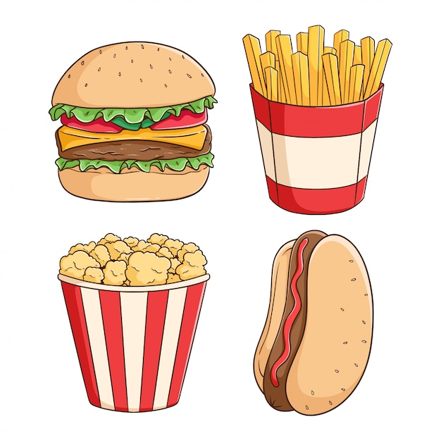 Set van junk food, hamburger, friet, pop corn en hotdog met gekleurde hand getrokken stijl